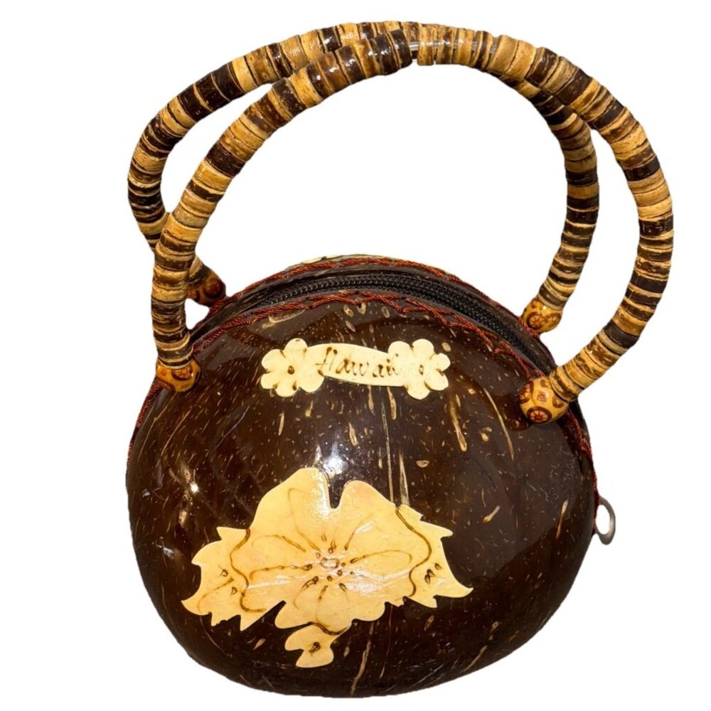 Hawaiian Coconut Purse Zip Closure Lined Double Handle Painted Aloha
